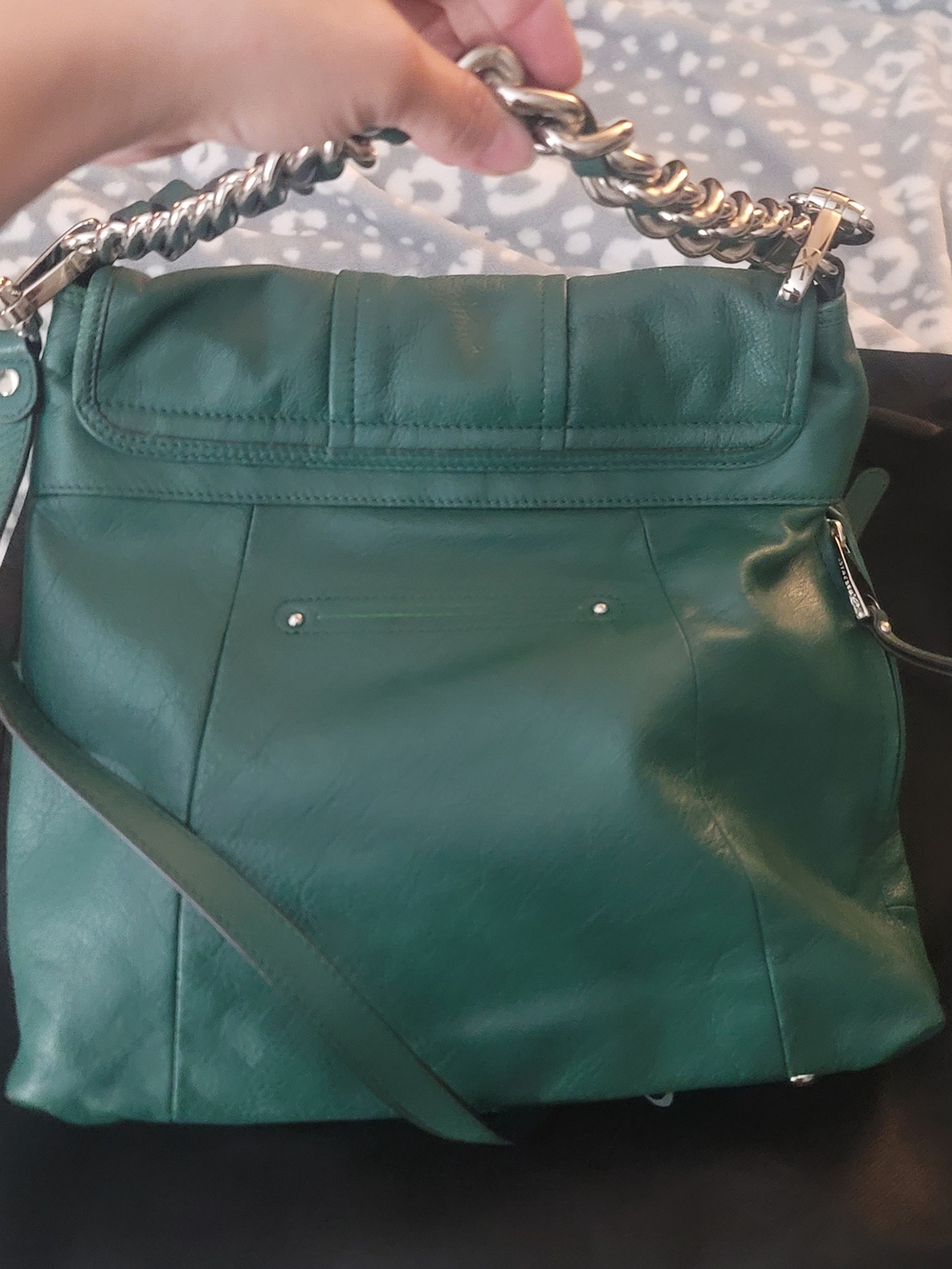 Teal B.Makowsky Green Leather Shoulder Bag with Silver Chain Handle